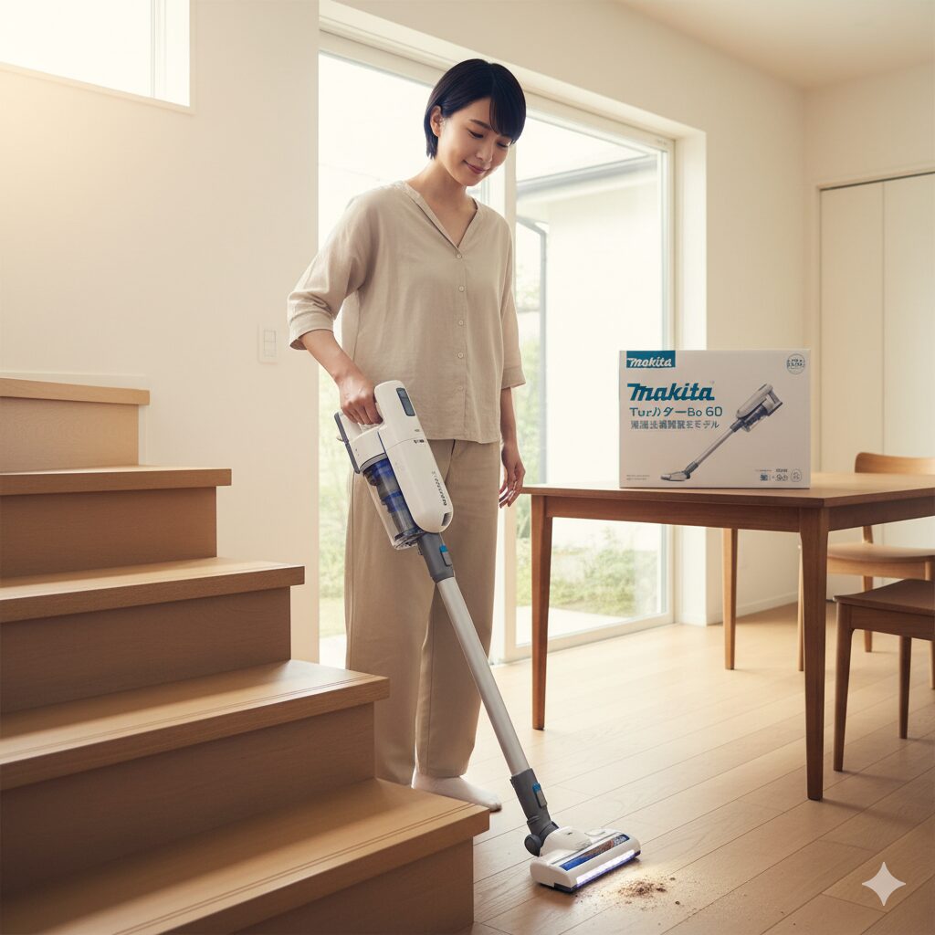 リビングでマキタターボ60のコードレス掃除機を使って床を掃除する日本の女性。横には「Makita」と書かれた段ボール箱が置いてある。